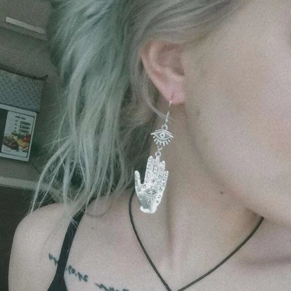 🔮 2 for $40 🔮 Mystic Palmistry Hand Evil Eye Witchy Dangle Earrings - Picture 9 of 13